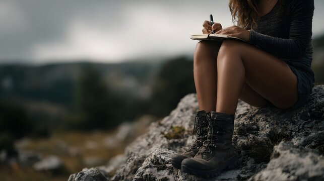 A woman sits on a rocky mountain peak mindfully writing in her journal immersed in the tranquil outdoor environment