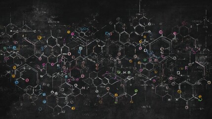 Intricate Chalkboard Illustration of Chemical Structures and Formulas in a Classroom Setting at Dusk