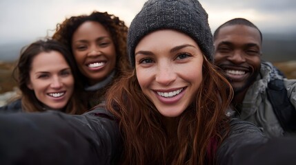 Obraz premium Joyful diverse friends taking a group selfie outdoors capturing a happy memory with bright sky light in a natural landscape