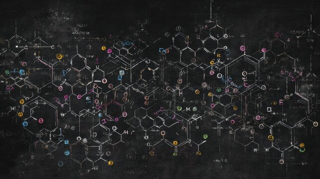 Intricate Chalkboard Illustration of Chemical Structures and Formulas in a Classroom Setting at Dusk