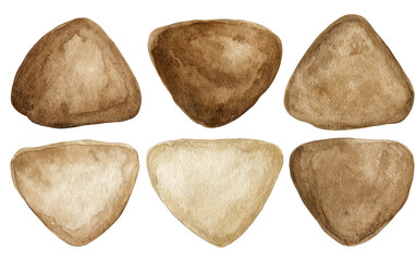 Six abstract, triangular shapes in shades of brown and beige, arranged in a grid pattern.  Watercolor-like texture and subtle variations in tone