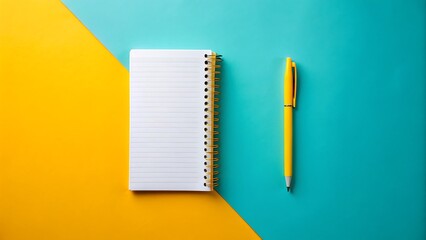 Top view of an open notebook and a yellow pen on a split yellow and teal background, symbolizing education and writing