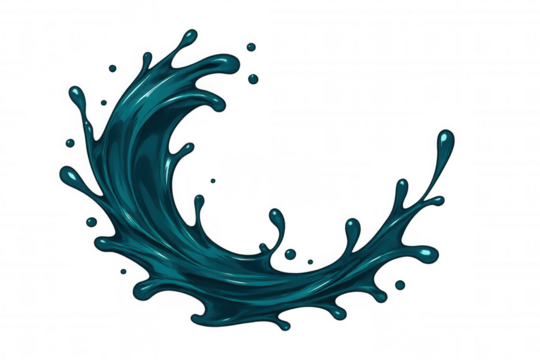 Teal liquid creating dynamic crescent-shaped splash, arcing gracefully against transparent backdrop with fluid, energetic movement