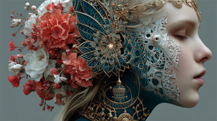  Human profiles executed in surreal painting style on the subject of dreams, passions, creativity and imagination.A state of euphoria and meditation. Girl with creative hairstyle from fractal flowers