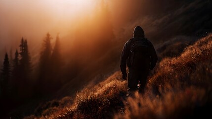 A lone hiker ascends a mountain path during a dramatic golden sunset capturing the spirit of outdoor adventure and explo n