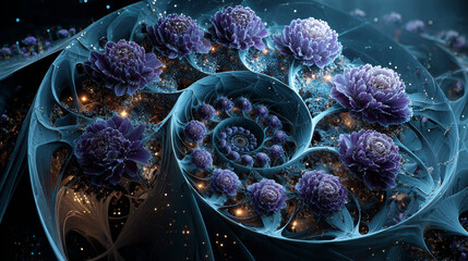 Abstract fractal patterns and shapes. Dynamic flowing natural forms. Flowers and spirals. Mysterious psychedelic relaxation pattern. 