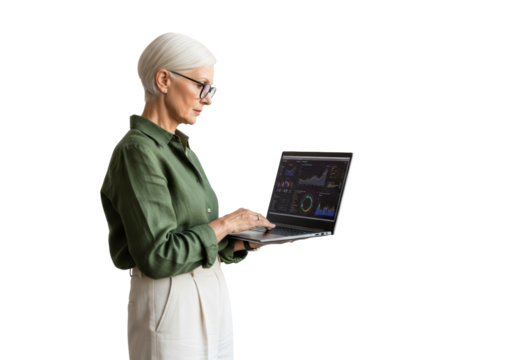 Senior European woman, 65-75, short white hair, glasses, olive linen shirt, focused on laptop with data in professional studio with white background, concept of professional expertise - Powered by Adobe