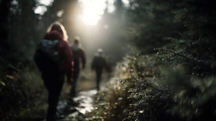 Fototapeta premium Group of hikers walking through a sun d d forest trail enjoying a peaceful outdoor adventure with rays of light breaking through the canopy
