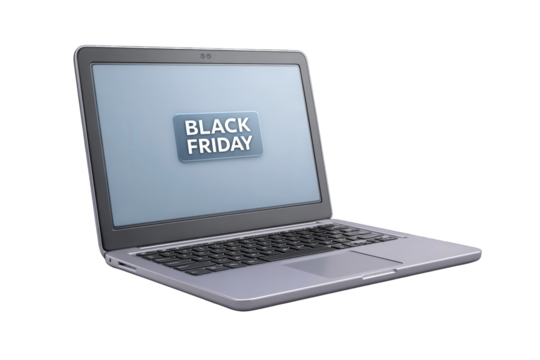 Laptop computer displaying black friday text isolated on transparent background