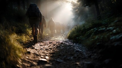 A group of hikers with backpacks walks along a sunlit forest trail illuminated by d d light filtering through the trees creating a serene and
