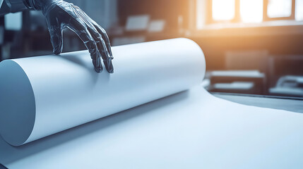 Hand in Glove Unrolling Paper Roll on Table