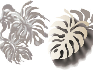 Two stylized monstera leaves in muted gray and beige tones