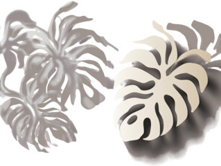 Two stylized monstera leaves in muted gray and beige tones