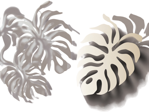 Two stylized monstera leaves in muted gray and beige tones