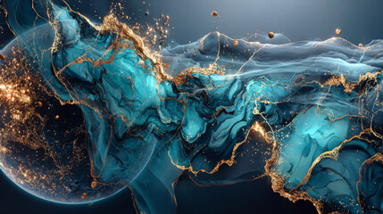 Beautiful abstract background. Golden and dark blue mixed acrylic paints. Marble texture. Contemporary art.