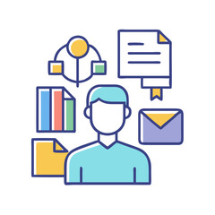 Conceptual graphic showing individual managing various office tasks icons