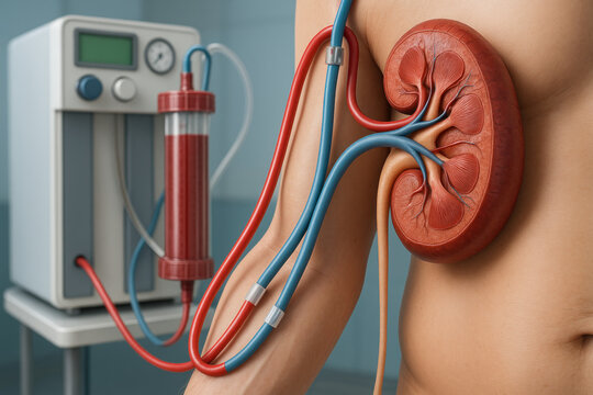 Hemodialysis illustration, medical procedure for kidney failure, renal replacement therapy [Illustration]