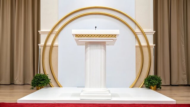 Elegant golden ring arch podium decoration with floral accents and curtains for event stage