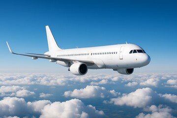 Obraz premium Passenger jet airliner flying above clouds in blue sky showcasing travel aviation speed transportation modern aircraft minimal livery aerodynamic wings engines cruising altitude safety freedom