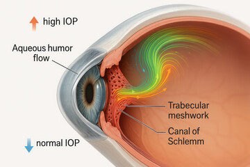 Eye Anatomy and Aqueous Humor Flow Illustration: High and Normal IOP [Illustration]