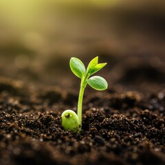 Green Seedling Sprouting from Dark Soil in Bright Sunlight