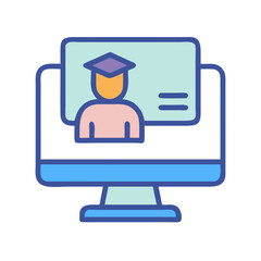 Online learning icon featuring graduate student on computer screen