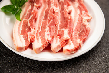 Bacon slice lard with meat slices pieces pork tenderloin portion size natural product tasty snack fresh delicious gourmet food background on the table rustic top view copy space