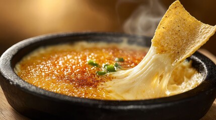 Traditional queso flameado appetizer with golden tortilla chip showing stretchy melted cheese strands