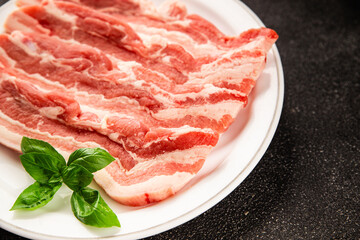 Bacon slice lard with meat slices pieces pork tenderloin portion size natural product tasty snack fresh delicious gourmet food background on the table rustic top view copy space