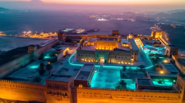 Aerial View of Illuminated Al Ula Fortress at Dusk