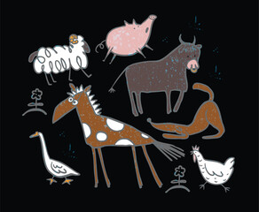 Funny doodle farm animals collection with cartoon vintage rustic style