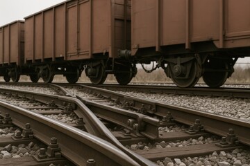 Obraz premium Cargo train on railway track with close-up view of switch, realistic style, outdoor background. Concept of transportation and logistics