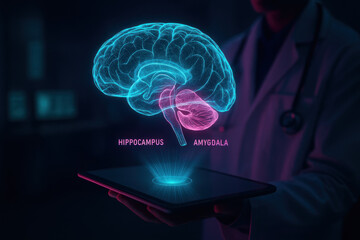 Brain Hologram: Doctor Examining Hippocampus and Amygdala, Illustration