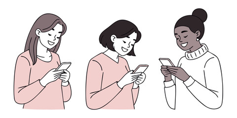 A hand-drawn illustration of three happy, diverse young women using their smartphones.