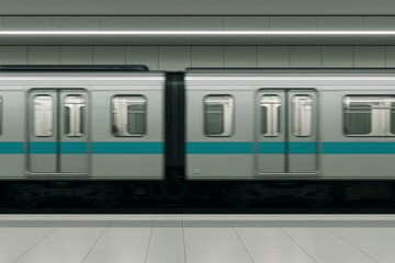 Silver subway train in motion with turquoise stripe, photographed in a clean modern underground station, concept of urban transportation