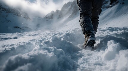 Person s legs and hiking boots traverse a snow covered mountain trail under a cloudy sky showcasing a challenging winter trek
