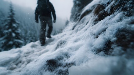 A person treks through a pristine snowy mountain landscape navigating a challenging winter trail amidst falling snow embodying the spirit of cold