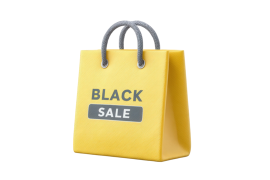 Yellow shopping bag with black sale text isolated on transparent background - Powered by Adobe