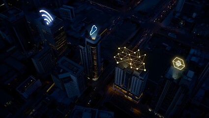 Aerial View of Cityscape at Night with Illuminated Buildings and Structures