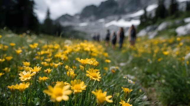 Vibrant yellow wildflowers blanket an alpine meadow as a group of hikers journeys toward distant rugged mountains under a cloudy sky - Powered by Adobe
