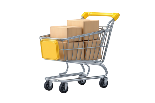 Shopping cart filled with boxes, isolated on transparent background