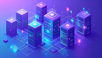 Colorful 3D illustration of a futuristic server farm technology