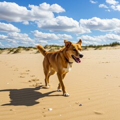 Happy Golden Dog Running on a Sunny Sandy Beach