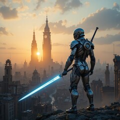 Naklejka premium Cyberpunk Warrior Guarding the Futuristic City, A Glimpse of the Sunset with a Luminous Sword