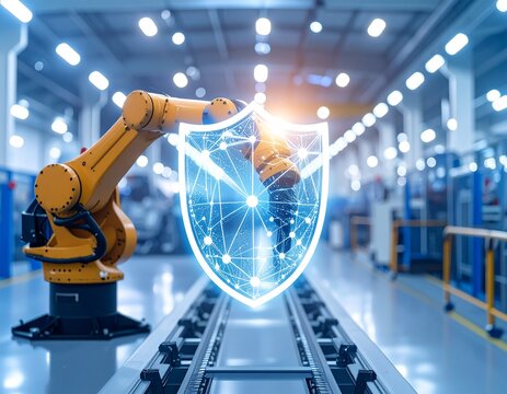 Robotic arm with digital shield symbol in an industrial setting