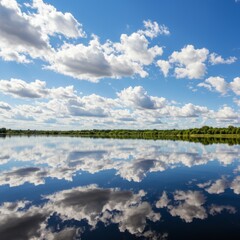 Obraz premium Serene Lake Reflection with Blue Sky and Puffy Clouds