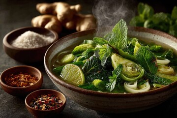 Bowl of steaming green broth soup with fresh herbs, lime, and ginger