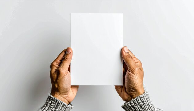 Hands holding blank card mockup close up shot clean white surface studio shot message concept