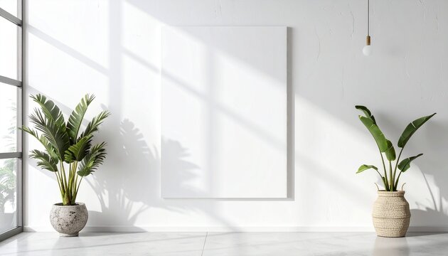 Blank canvas on wall Minimalist style Potted plants bright light modern interior