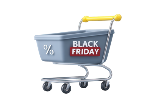 Shopping cart with black friday sale promotion isolated on transparent background